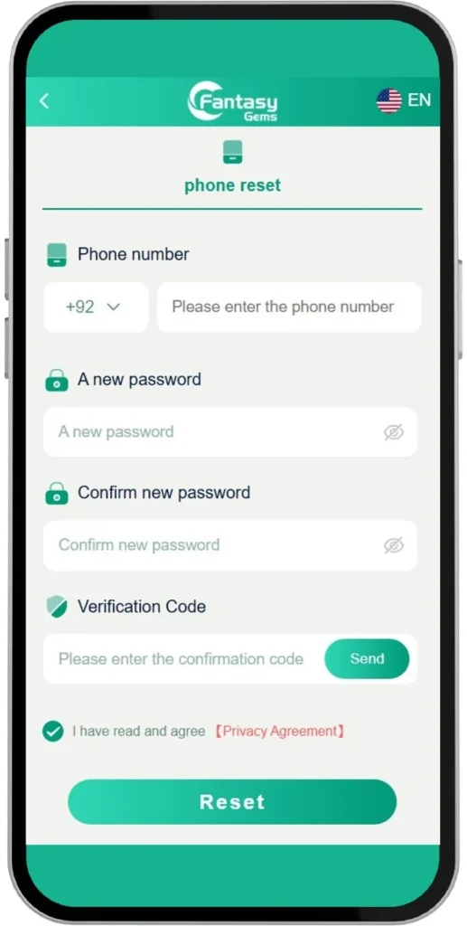 Fantasy Gems Password Reset Page
